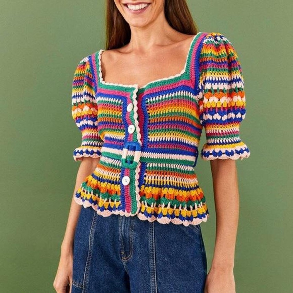 Farm Rio Multi-Colored Crochet Button-Up Top with belt